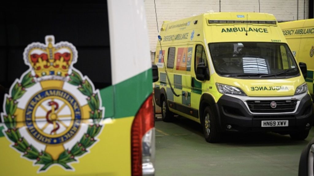 Ambulances are seen in the Winchester and Eastleigh resource Centre of South Central Ambulance Services near Portsmouth, south England on May 5, 2020