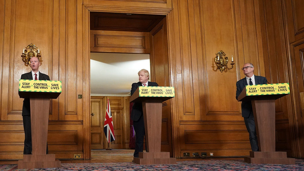 Prime Minister Boris Johnson holding a daily Covid-19 press conference with Chief Scientific Adviser, Sir Patrick Vallance and Chief Medical Officer, Professor Chris Whitty in May.