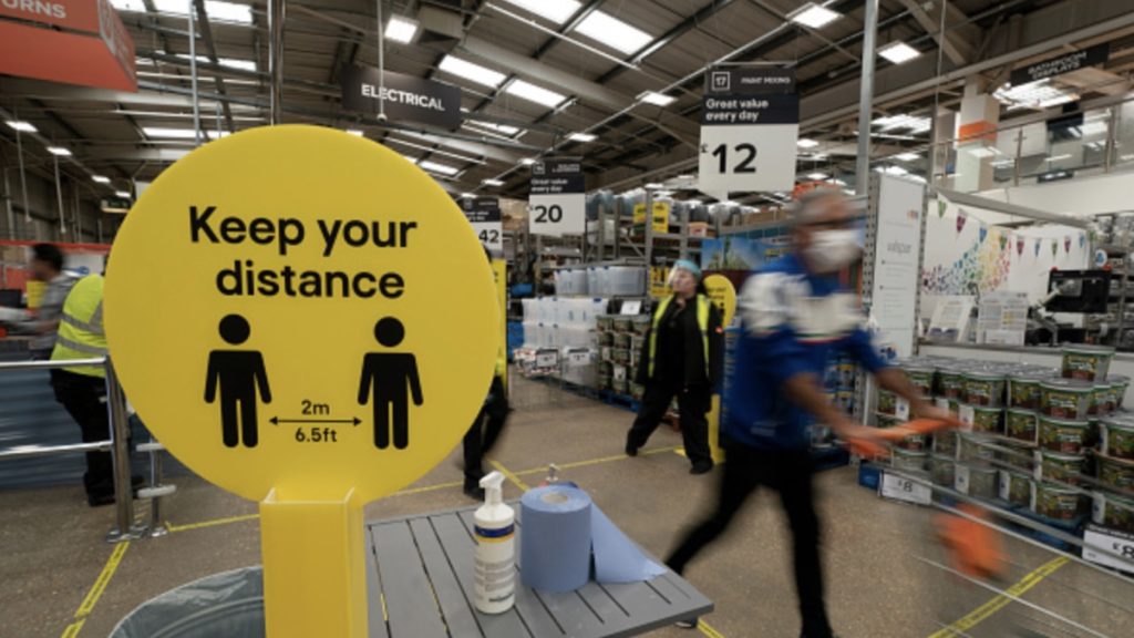 General view of customers practising social distancing after the store adopted safe measures to protect both customers and staff at home improvement store B&Q in Chiswick as lockdown restrictions start to ease after 7 weeks on May 15, 2020 in London, England.