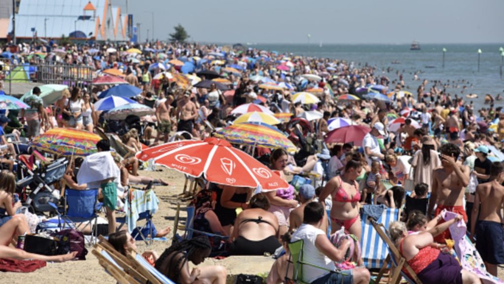A general view of crowds on the beach on June 25, 2020 in Southend-on-Sea, England.