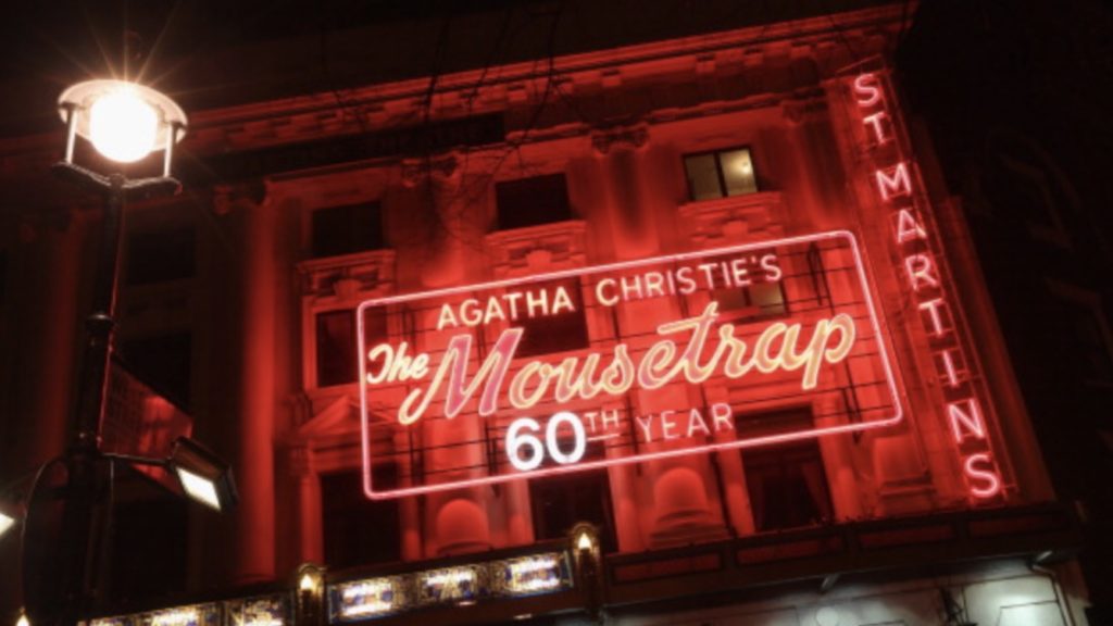 St Martins Theatre in the West End showing Agatha Christie's 'The Mousetrap', which is the longest running show in the world, is illuminated at night on March 29, 2012 in London, England.