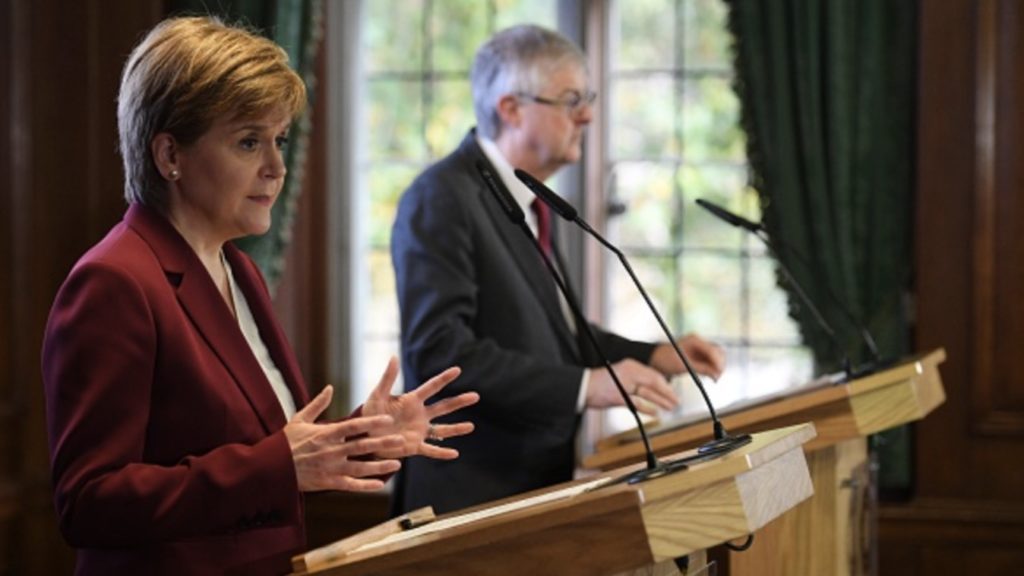 Scotland's First Minister Nicola Sturgeon (L) and Wales's First Minister Mark Drakeford (R) attend a joint press conference on Brexit in central London on October 23, 2019.